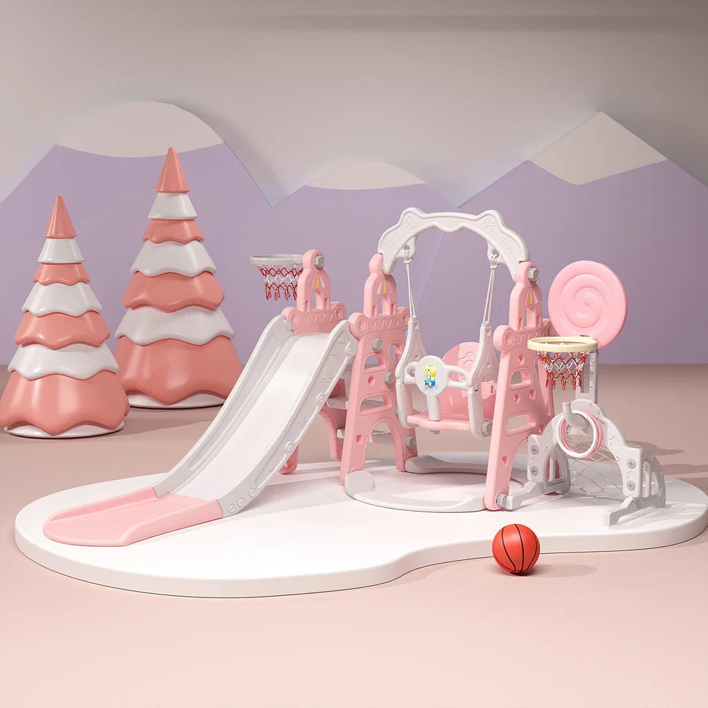 Tower 6-in-1 Kids Slide & Swing Set | Football | Basketball Hoop | Ring Toss | Music